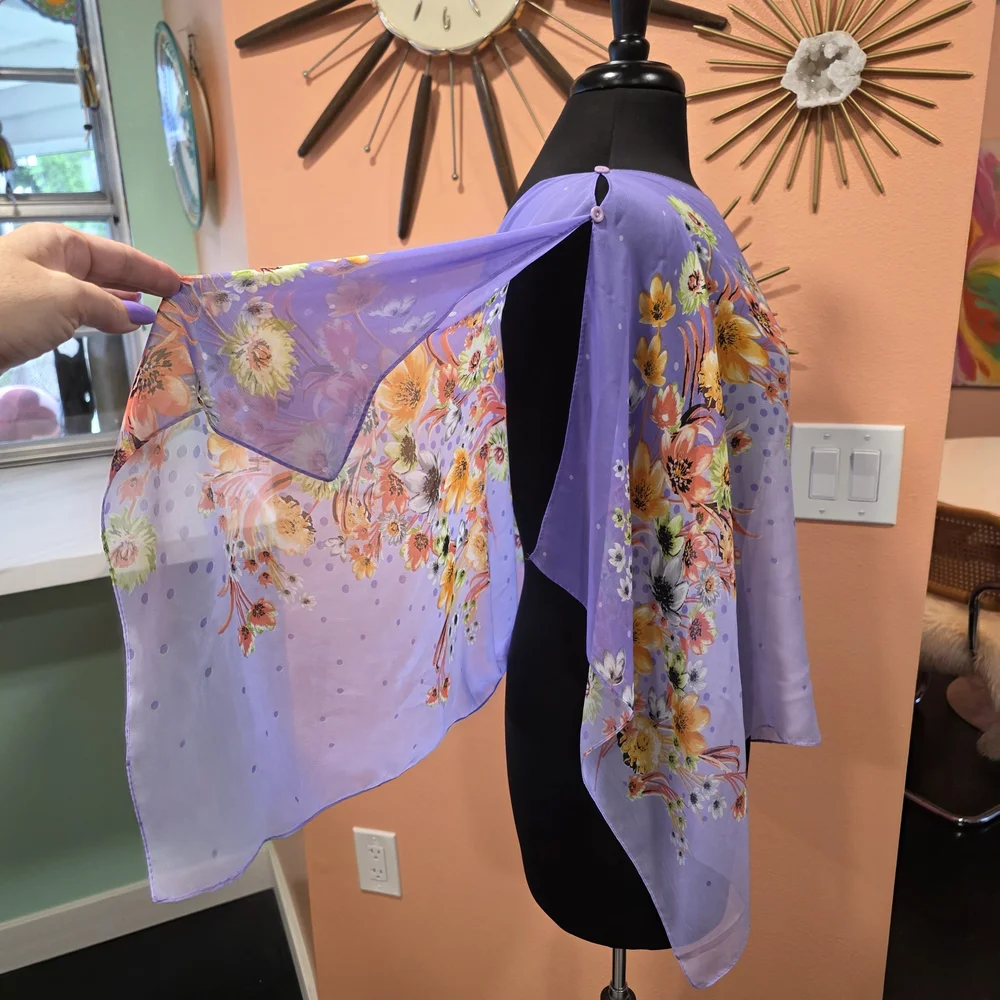 Y2K Vintage Sheer Poncho Fairycore Floral Lavender Wrap Boho Chic Feminine